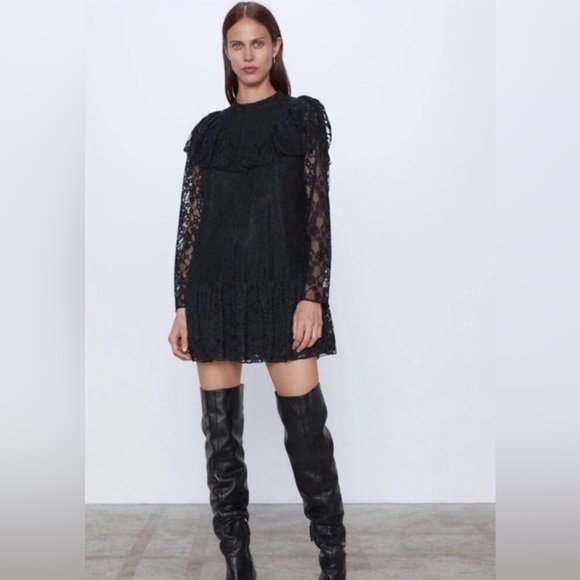 Zara Black Mock Neck black lace dress  Size Small - Picture 1 of 5